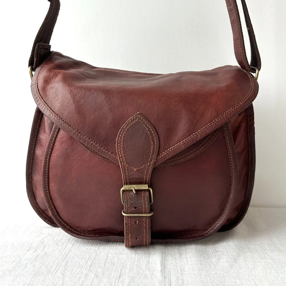 Vintage Brown Leather‎ Messenger Bag Crossbody Saddle Satchel Mahogany
